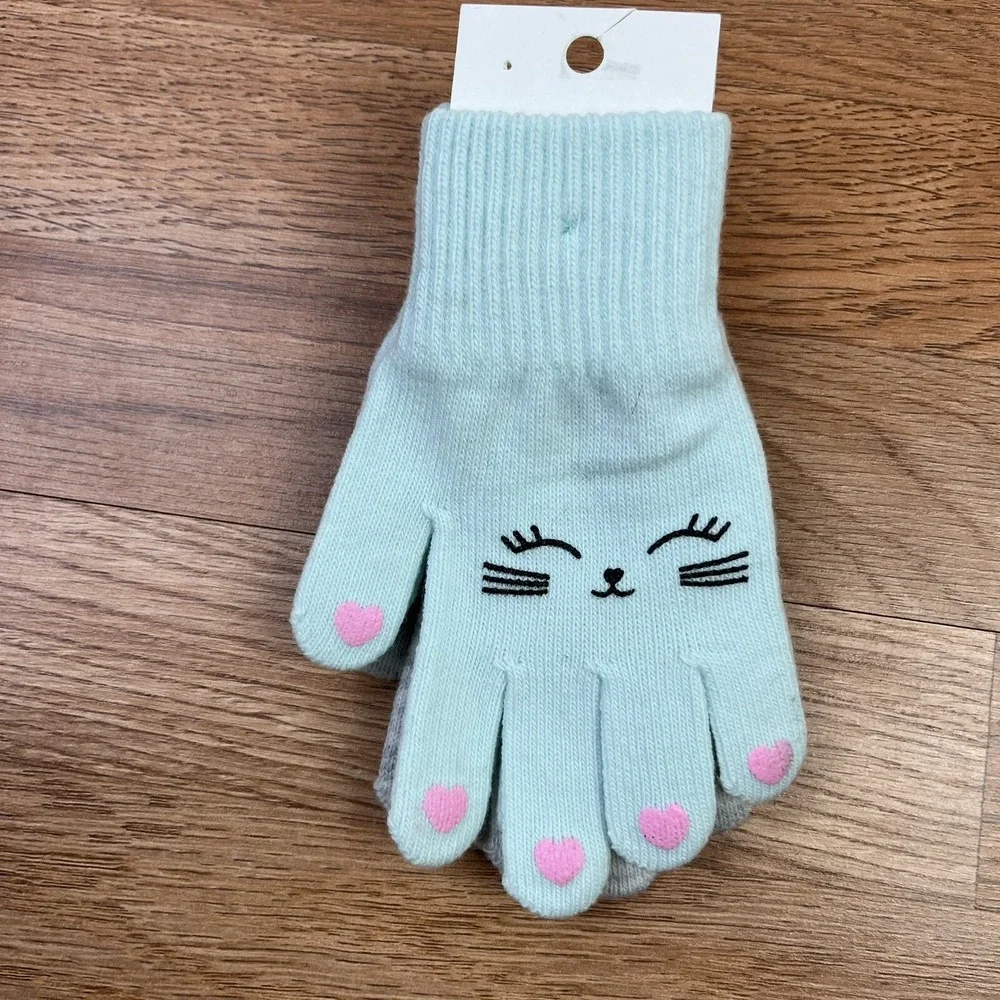 H&M Lot of 2 Pairs Girls Gloves Size 5t/7 Grey Green Cat‎ NEW